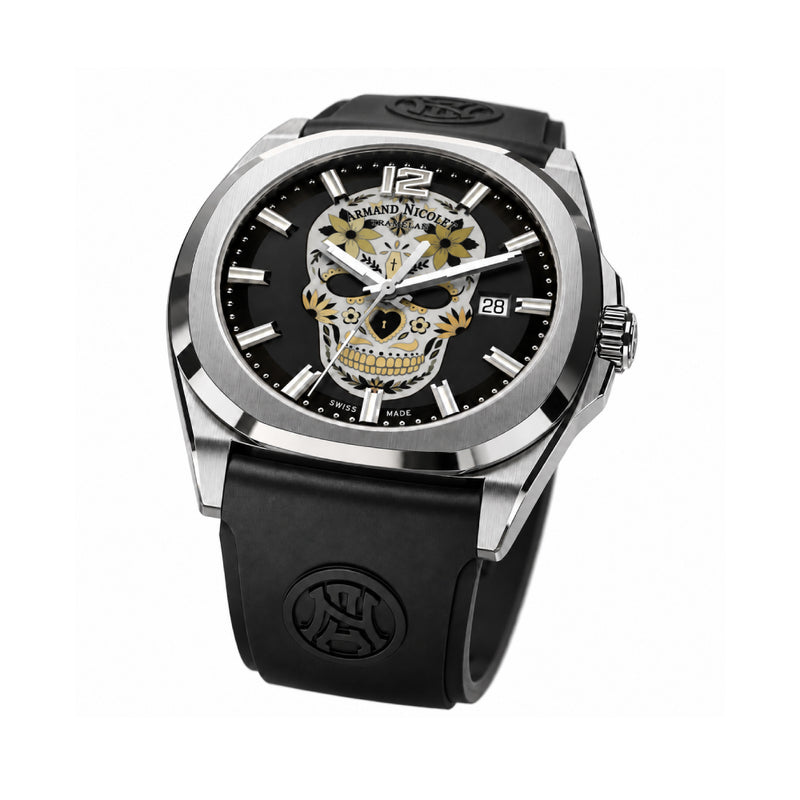 Armand Nicolet X Watch Gang J09-3 Silver Skull / Black Rubber Strap Special Edition Watch