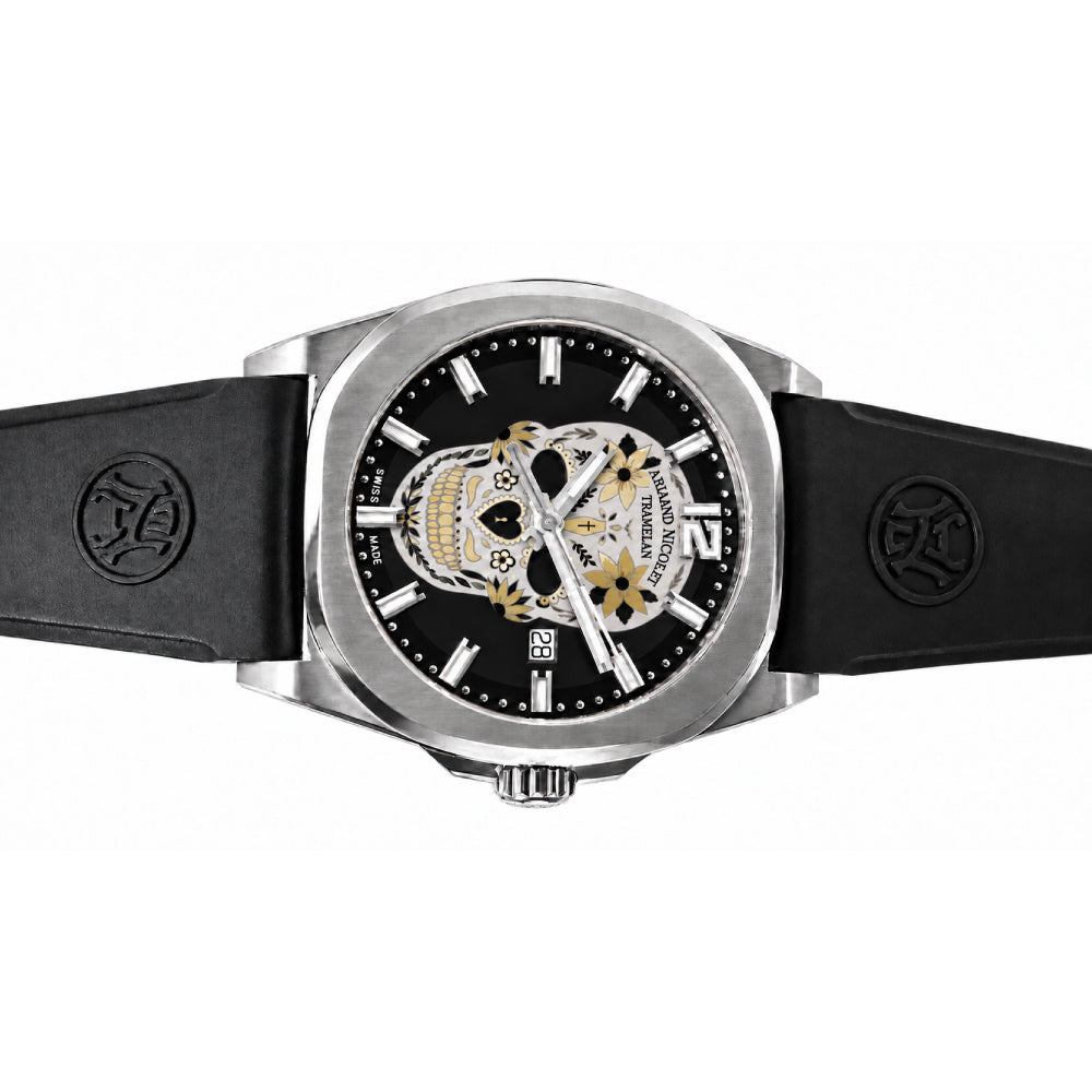 Armand Nicolet X Watch Gang J09-3 Silver Skull / Black Rubber Strap Special Edition Watch