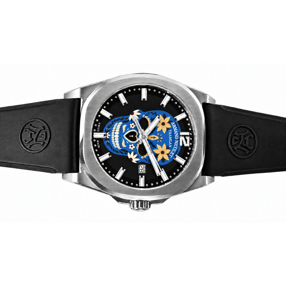 Armand Nicolet X Watch Gang J09-3 Blue Skull / Black Rubber Strap Special Edition Watch