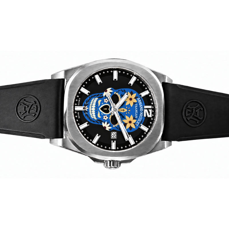 Armand Nicolet X Watch Gang J09-3 Blue Skull / Black Rubber Strap Special Edition Watch