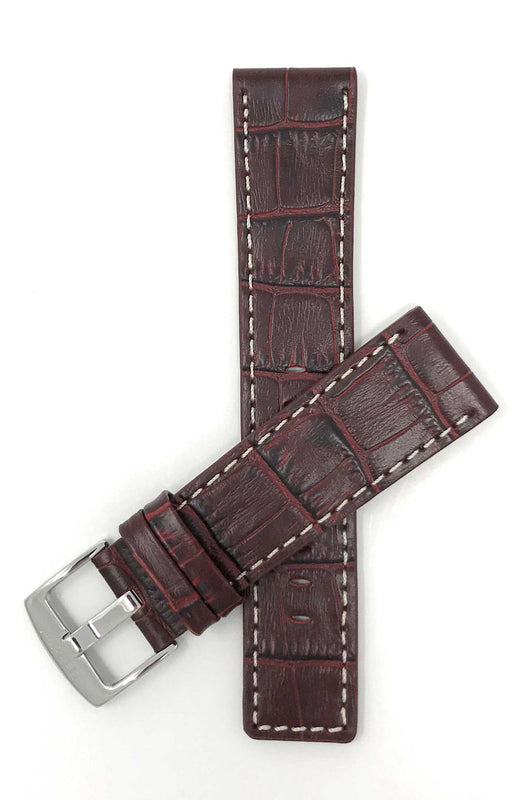Bandini 24mm Burgundy Italian Leather Watch Band - Alligator Pattern - White Stitch -  Semi-Padded 24mm / Burgundy / Silver Buckle |  Dial