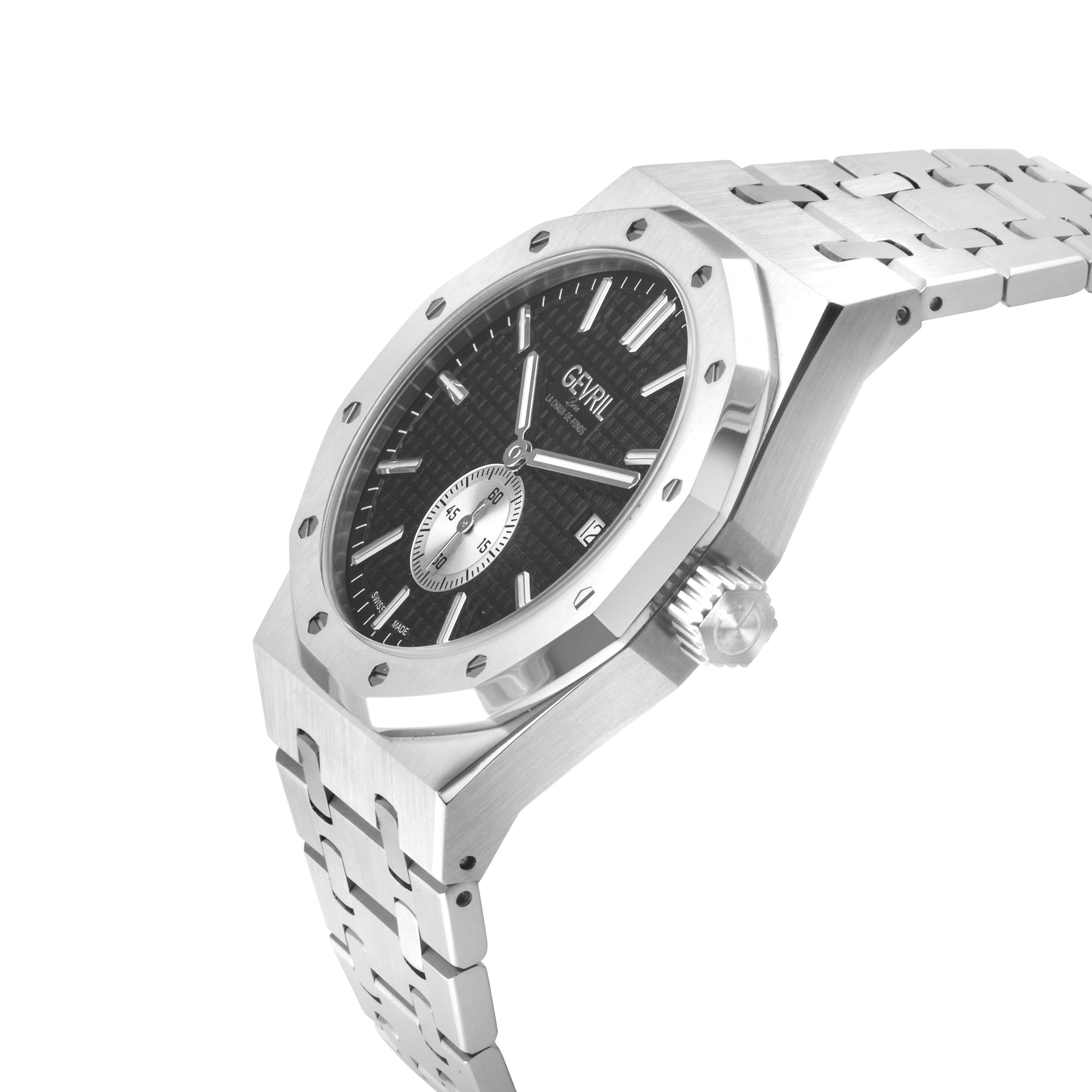 Gotham Swiss Automatic Movement, Black Embossed Dial, Silver Counter  316L SS Bracelet | Black Dial