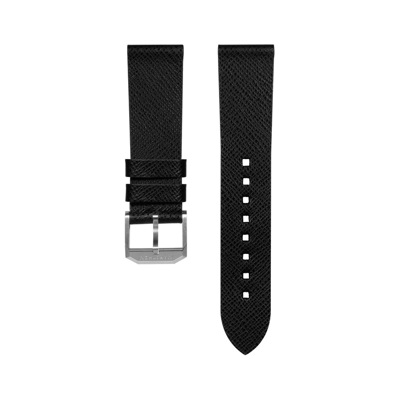 STRAP, 22mm, LEATHER, CROSS HATCH, BLACK, STEEL BUCKLE, STANDARD ITALIAN LEATHER, CROSS HATCH