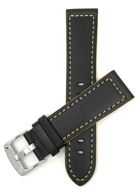 Bandini 24mm Extra long - Black / Yellow Italian Leather Watch Band - Racer - Padded 24mm Extra long / Black / Yellow / Silver Buckle |  Dial