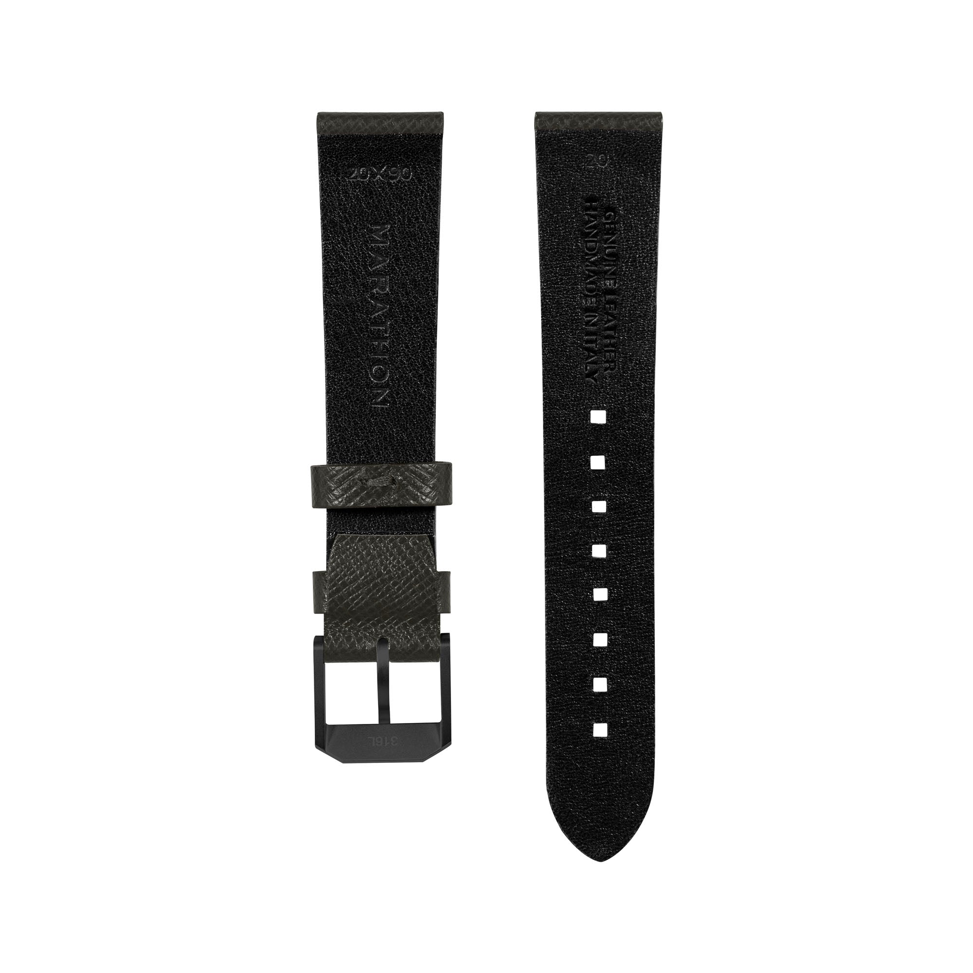 STRAP, 20mm, ITALIAN LEATHER, CROSS HATCH, IP BLACK BUCKLE, MOSS GREEN, XL ITALIAN LEATHER, CROSS HATCH