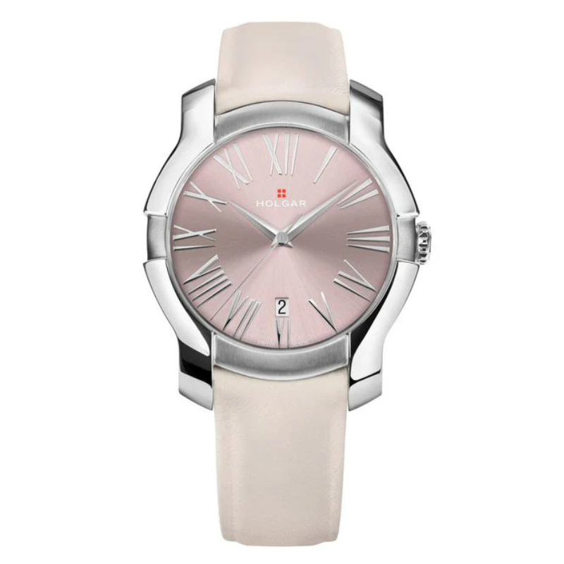 Women's Pink Dial, Stainless Steel Case and Off-White Leather Strap