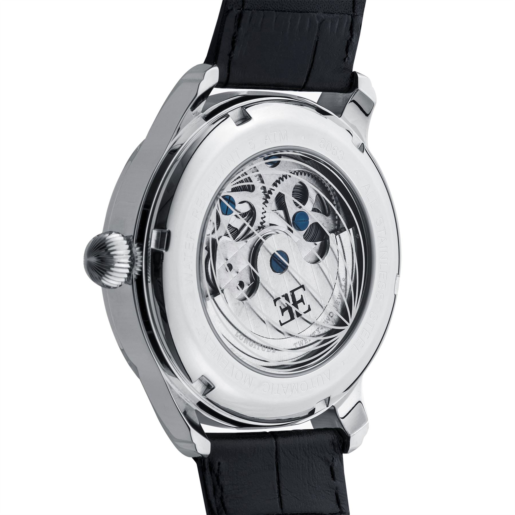 Longitude (Shadow Automatic) Automatic Skeleton Watch Silver White & Black / Genuine leather strap Silver Dial