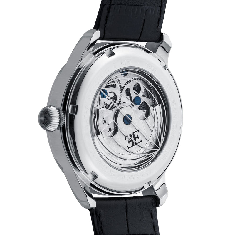 Longitude (Shadow Automatic) Automatic Skeleton Watch Silver White & Black / Genuine leather strap Silver Dial