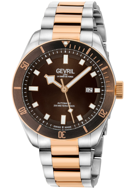Yorkville Gevril Men's Yorkville Brown Dial Sellita SW200 Swiss Automatic Unidirectional Rotating Bezel Two Tone Bracelet Date Luminous Watch | Brown Dial