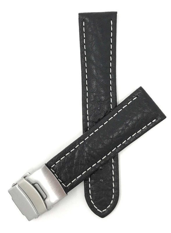 Bandini 22mm Black Italian Leather Watch Band - Deployment Clasp - Semi-Padded 22mm / Black / Silver Buckle |  Dial