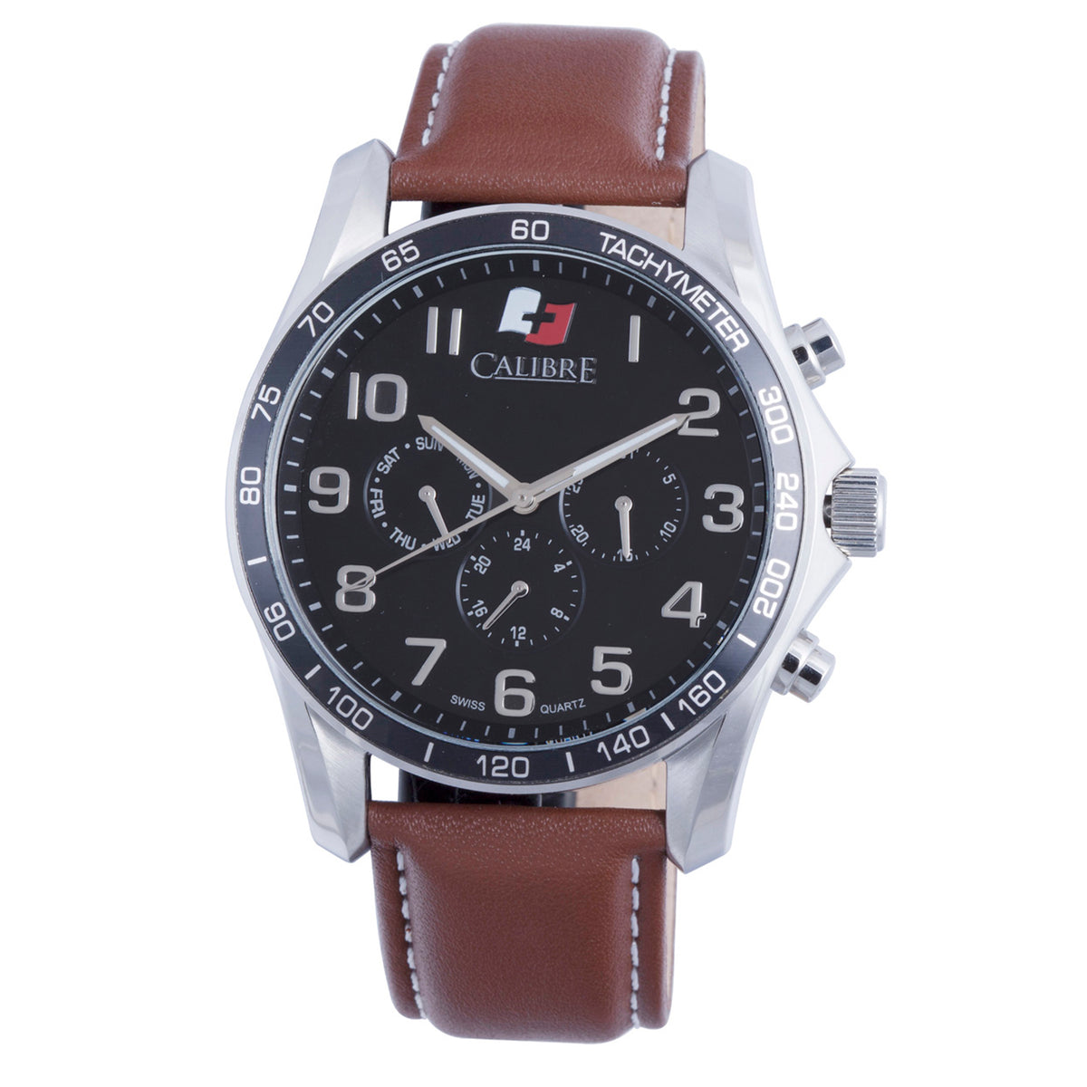 Buffalo Calibre Buffalo Swiss Quartz Black Dial Tachymeter Bezel Stainless Steel and Brown Leather 24-Hour Day Date Watch | Black Dial