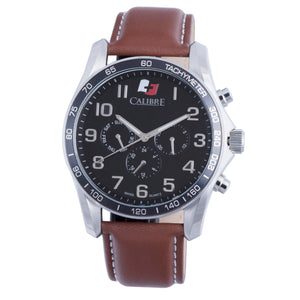 Buffalo Calibre Buffalo Swiss Quartz Black Dial Tachymeter Bezel Stainless Steel and Brown Leather 24-Hour Day Date Watch | Black Dial
