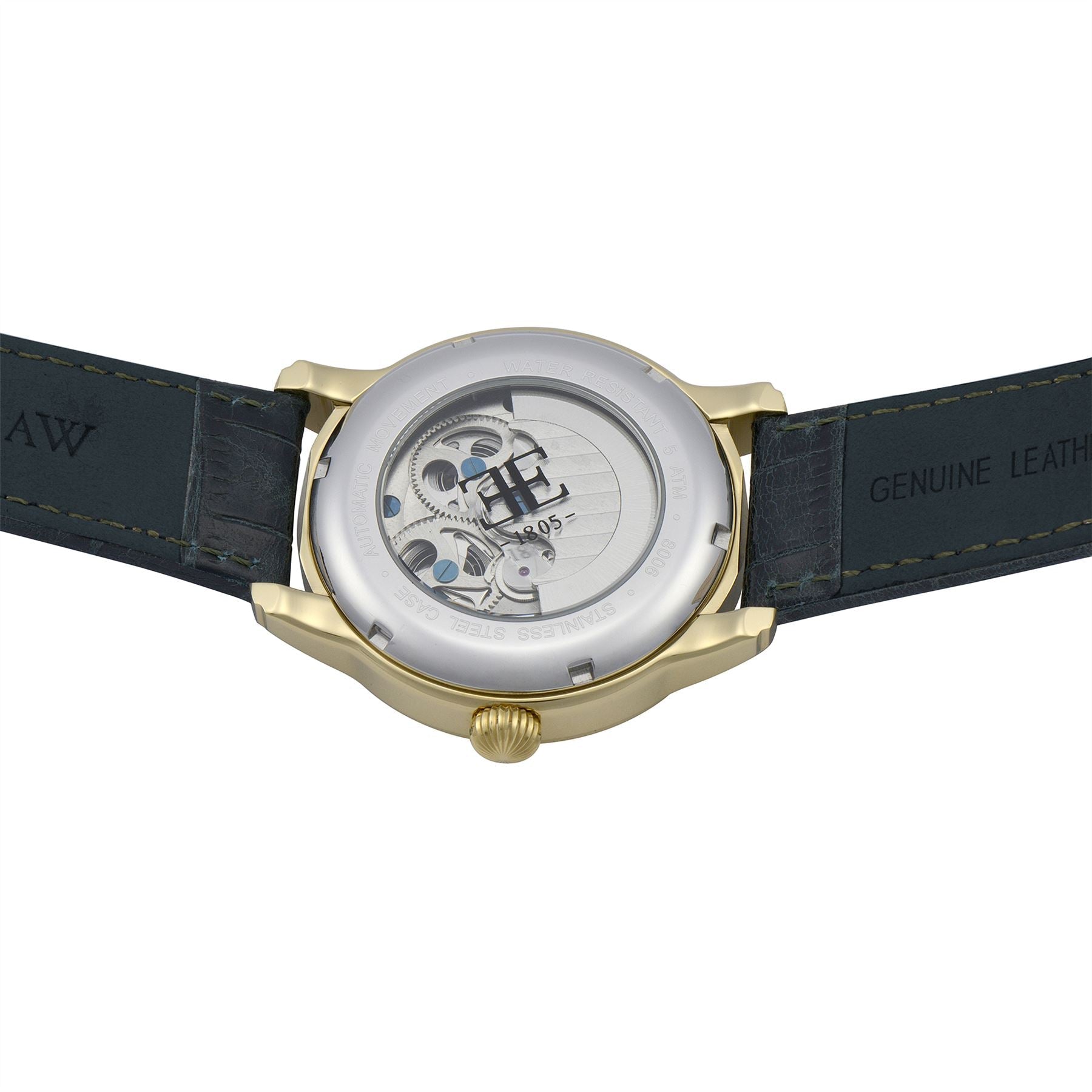 Longitude Automatic Skeleton Watch Green / Genuine leather strap | Semi-transparent Dial