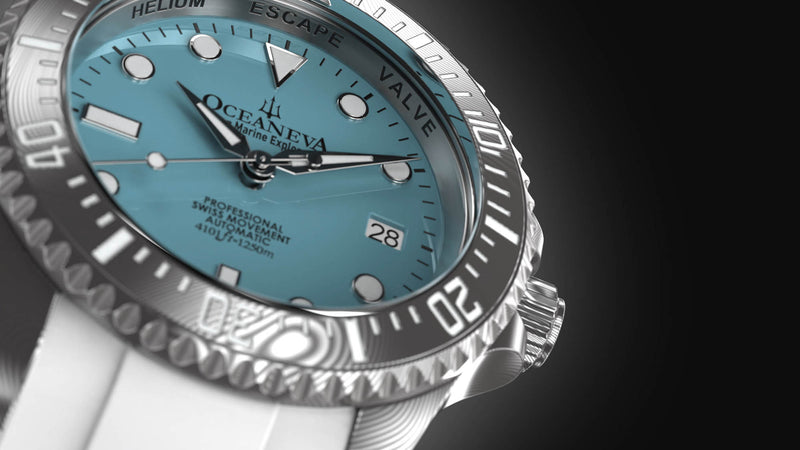 Damascus Swiss Automatic SW200 Deep Marine Explorer II Damascus/Light Blue Dial/White Strap | Light-blue Dial