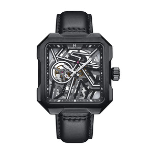 Campbell Leather-Band Skeleton Watch Black | Black Dial