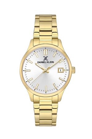 34mm Round Womens Metal Watch, Date - DK13612 Gold Blue Dial