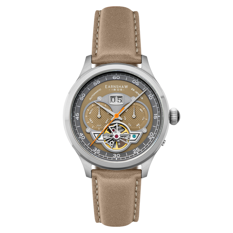 Baron Grand Date Calendar Open Heart Automatic Gray / Tan Leather | Gray Dial