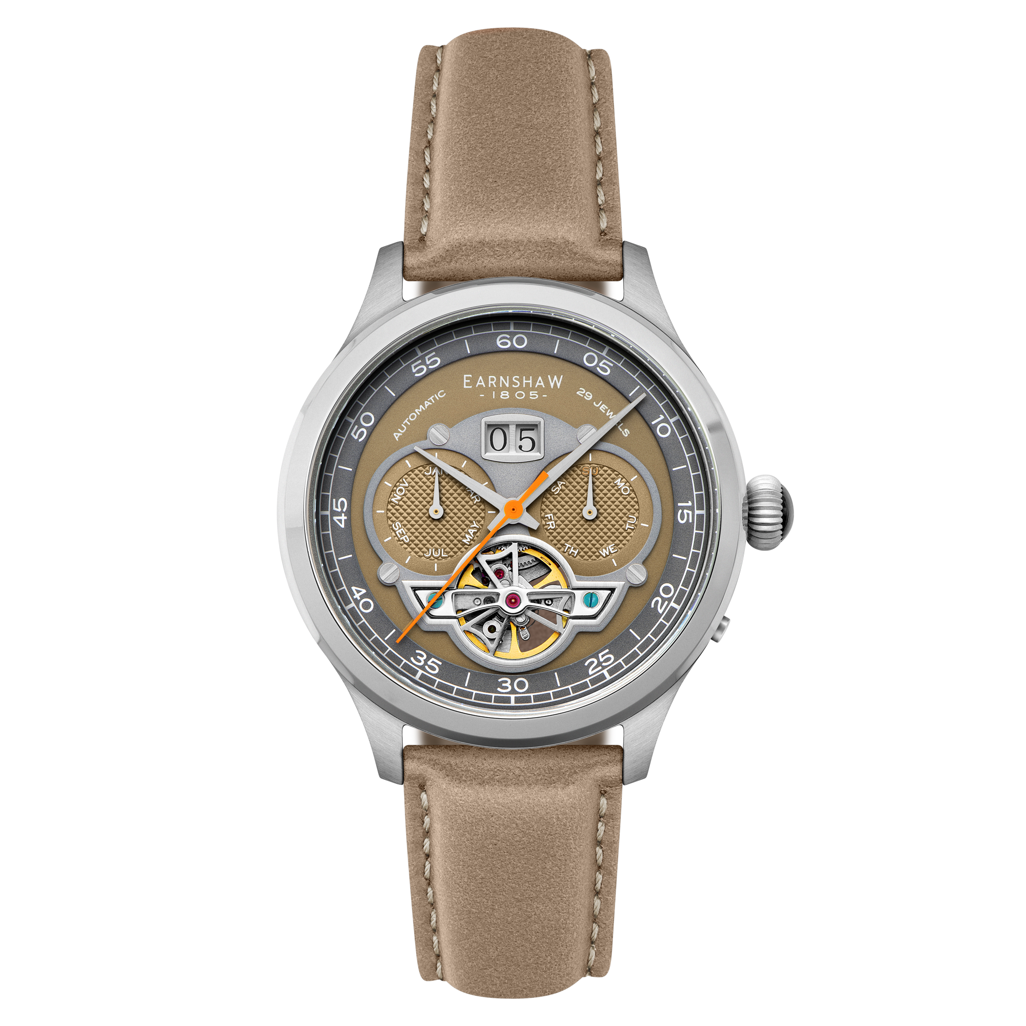 Baron Grand Date Calendar Open Heart Automatic Gray / Tan Leather | Gray Dial