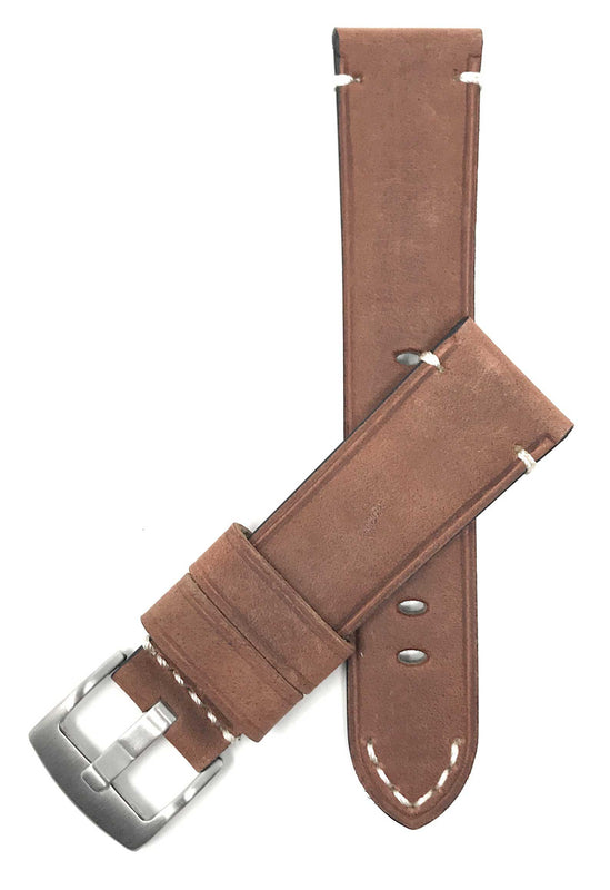 Bandini 22mm Tan Italian Leather Watch Band - Distressed - Padded 22mm / Tan / Silver Buckle |  Dial