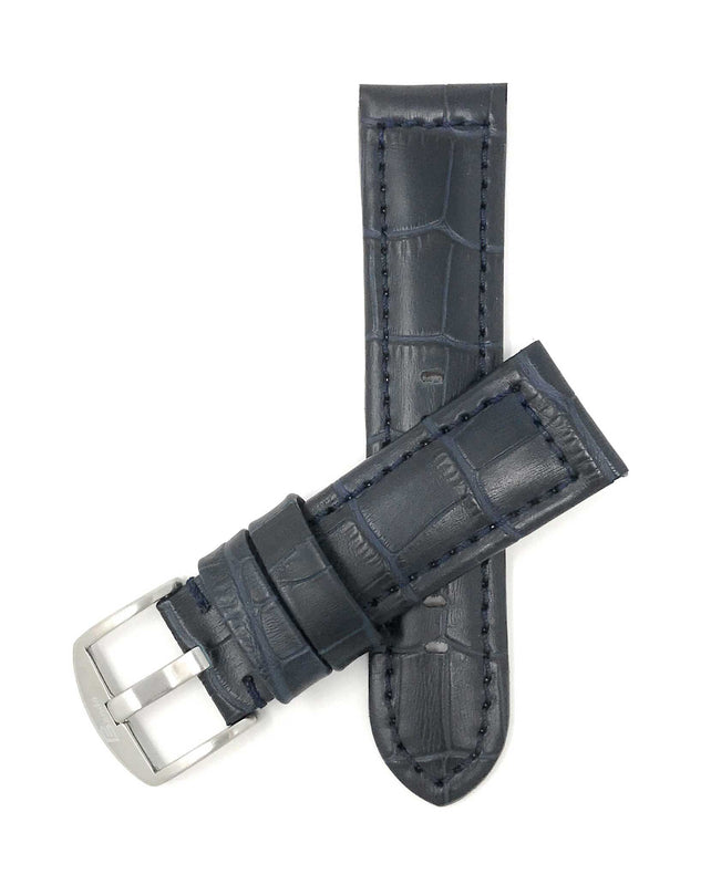 Bandini 24mm Marine Blue Italian Leather Watch Band - Alligator Pattern - Padded 24mm / Marine Blue / Silver Buckle |  Dial