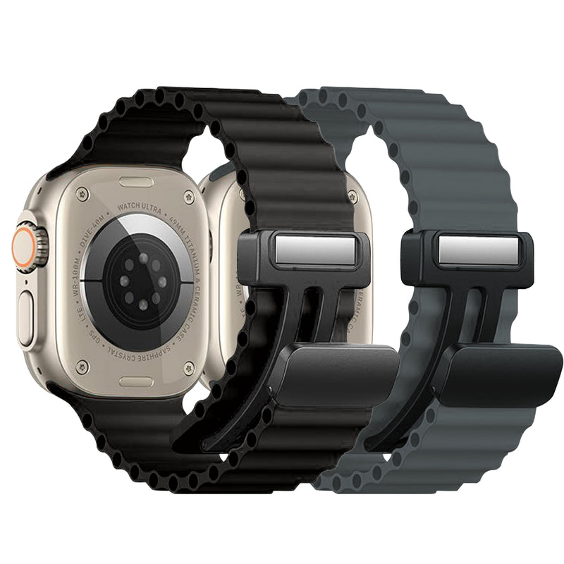 2 Pack - Magnetic Clasp Silicone Ocean Ripple Band for Apple Watch Ultra & Series 9/8/7/6 Black and Grey - 49mm/45mm/44mm/42mm |  Dial