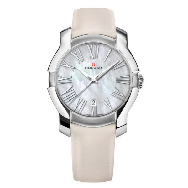 Women's White Mother of Pearl Dial, Stainless Steel Case and Cream Leather Strap