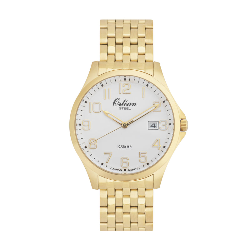 40mm Analog Easy Read Mens Watch, Full Stainless Steel, Japanese Quartz Movement, Date - ME3436 Gold / White Dial | White Dial