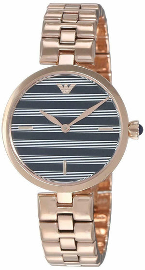 Classic Blue Striped Dial / Rose Gold-Tone Stainless Steel Bracelet Two-Tone Blue and White Dial