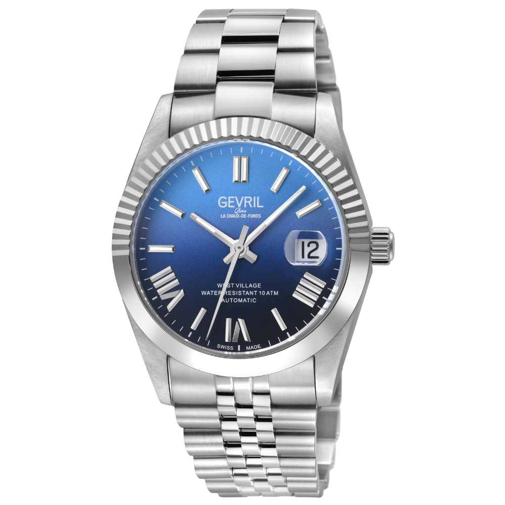West Village Fusion Elite Gevril Sellita SW200 Swiss Made Automatic Watch Cobalt Horizon Gradient (Blue) magnify date sapphire crystal | Blue Dial