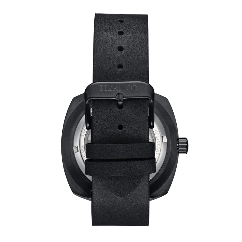 Davenport Engraved-Case Leather-Band Watch w/ Date Black | Black Dial