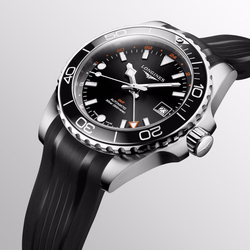 HYDROCONQUEST GMT Black / Rubber | Black Dial