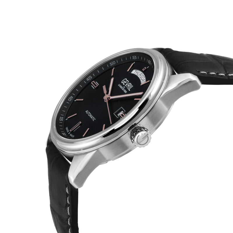 Excelsior Swiss made Automatic Sellita SW240, Day Date Black Dial,  Black Italian Handmade Leather Strap | Black Dial