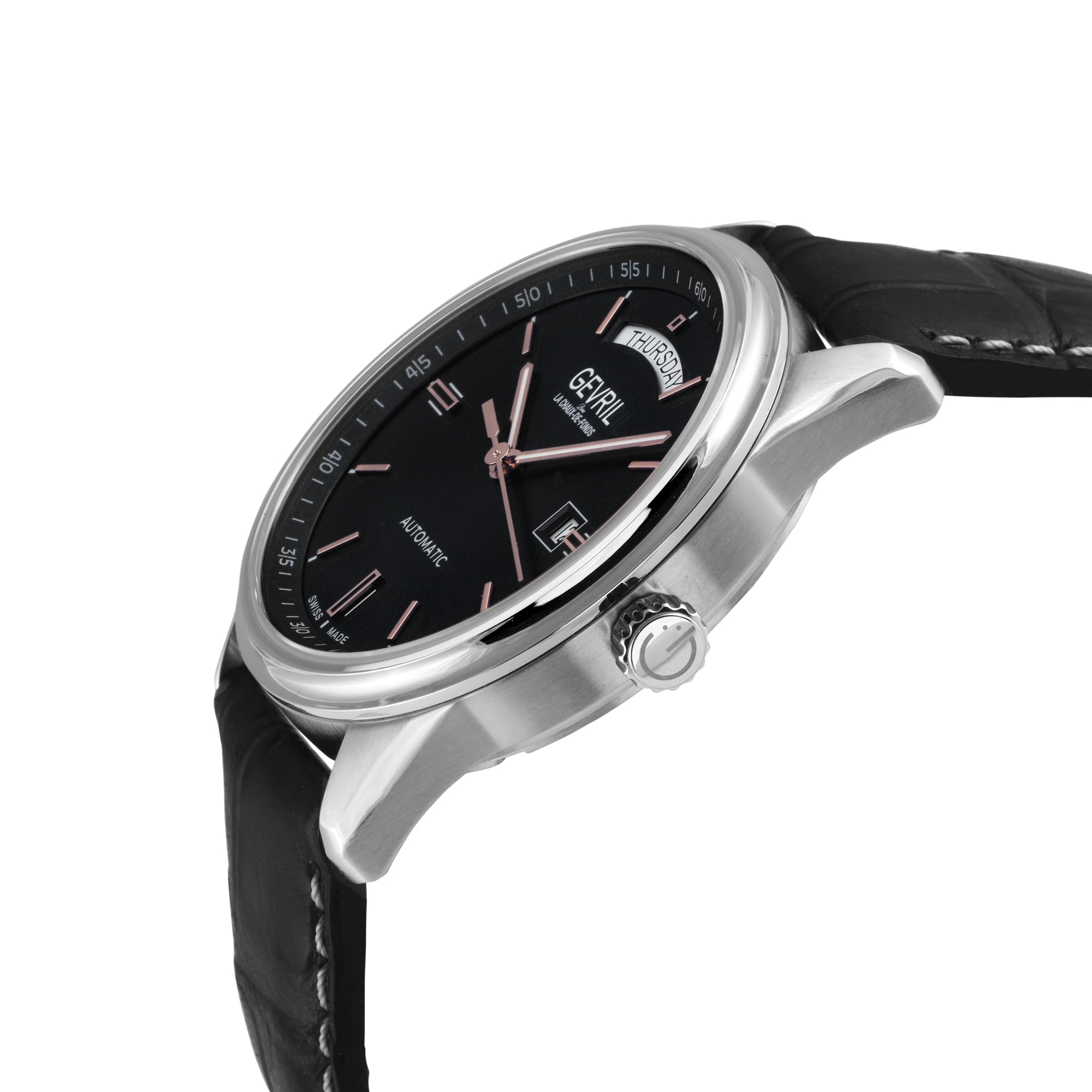 Excelsior Swiss made Automatic Sellita SW240, Day Date Black Dial,  Black Italian Handmade Leather Strap | Black Dial
