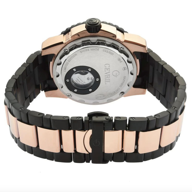 Seacloud Gevril Two Tone Rose Gold Tone Black PVD Black Dial Luminous Hands Swiss Made Automatic Bracelet Date Watch | Black Dial