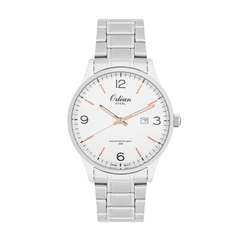 41mm Analog Mens Watch, Full Stainless Steel, Japanese Quartz Movement, Date - ME3427 Silver / White Dial | White Dial