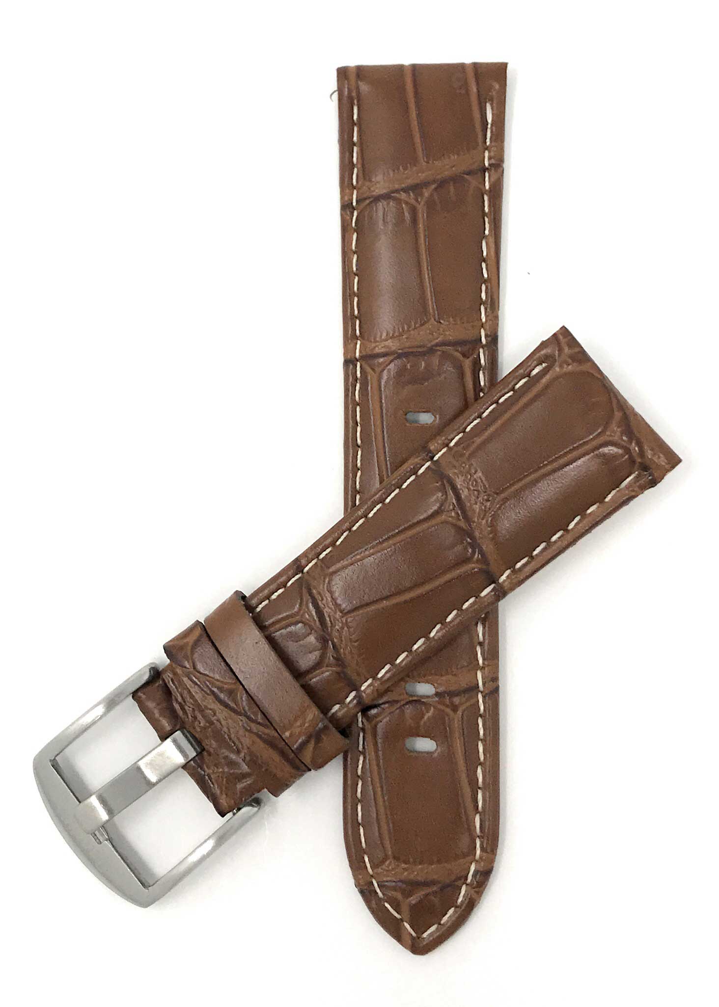 Bandini 24mm Tan Italian Leather Watch Band - Crocodile Pattern - White Stitch -  Semi-Padded 24mm / Tan / Silver Buckle |  Dial