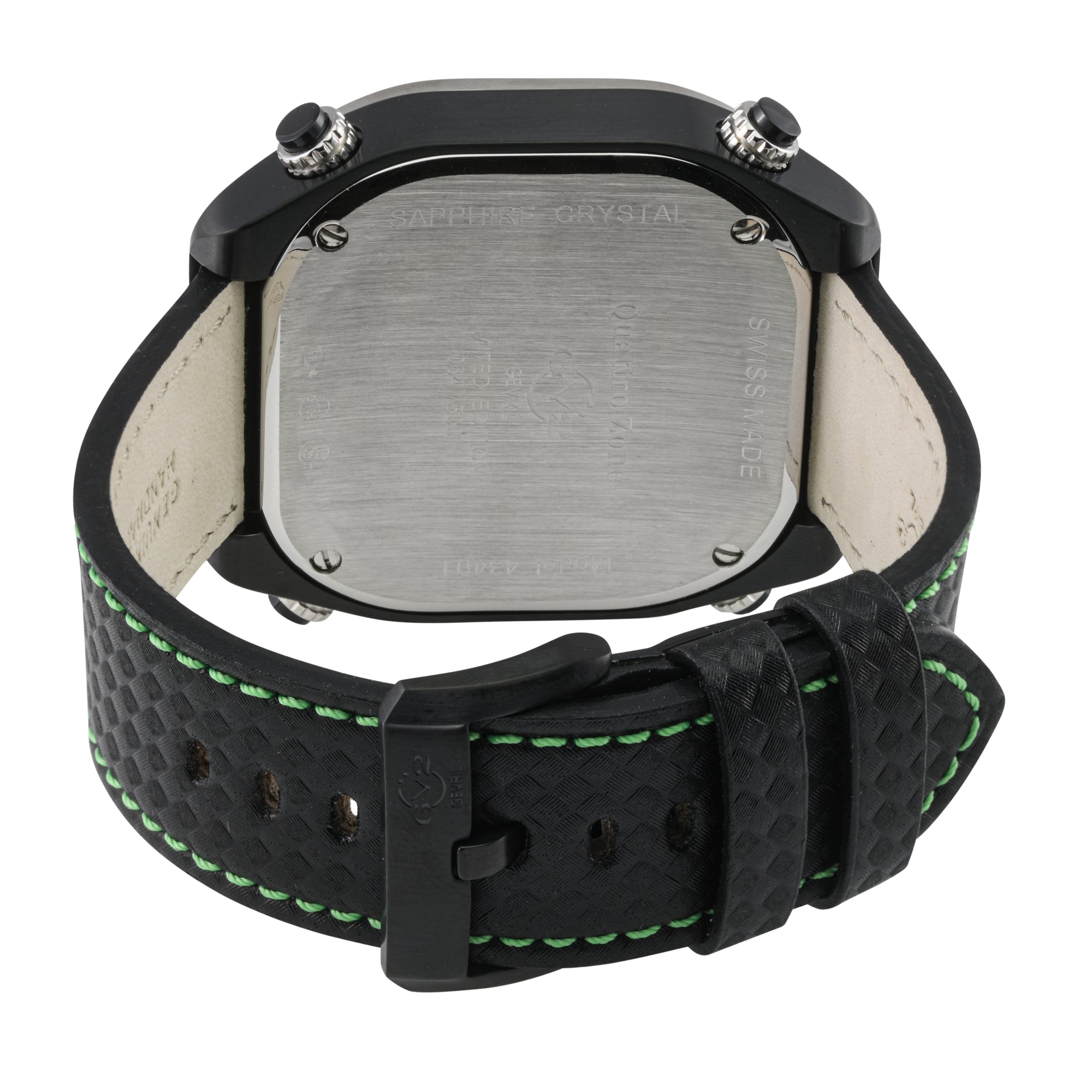 Quattro Zone GV2 Swiss Quartz, 316L Black Case, Silver Bezel, Black dial, Sub Dials, Black Italian Leather Strap Black Dial