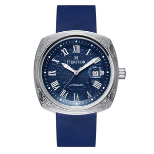 Davenport Engraved-Case Leather-Band Watch w/ Date Silver/Blue | Blue Dial