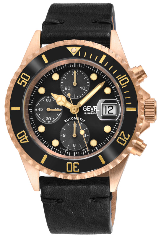 Wall Street - Bronze Gevril Swiss Automatic, Bronze case, Unidirectional Rotating Black Ceramic Bezel, Black Dial | Black Dial