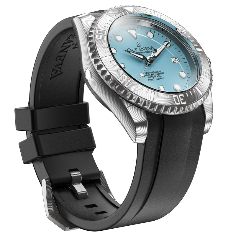 Damascus Swiss Automatic SW200 Deep Marine Explorer II Damascus/Light Blue Dial/Black Strap | Light-blue Dial