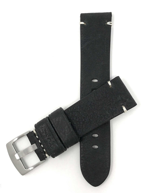 Bandini 24mm Black Italian Leather Watch Band - Distressed - Semi-Padded 24mm / Black / Silver Buckle |  Dial