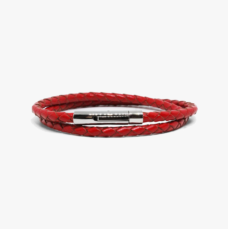 Braided Red Leather, Polished Silver Clasp Bracelet M (7.25" Wrist) |  Dial