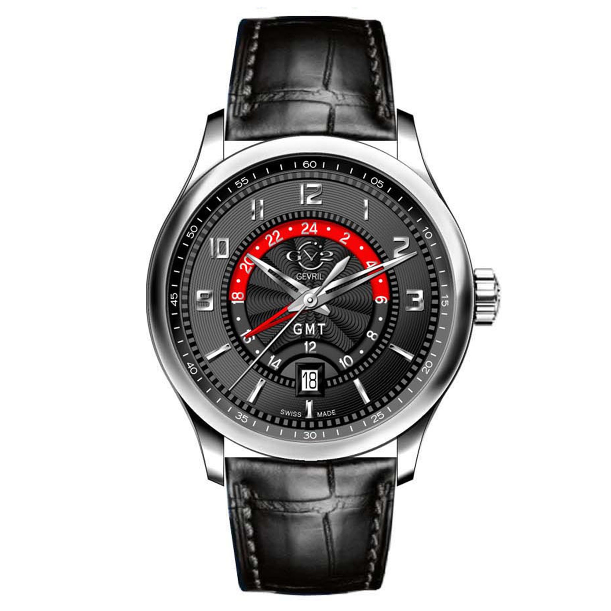Giromondo GV2 By Gevril Mens Giromondo Stainless Steel Case Black Dial Swiss Quartz Black Calfskin Leather GMT Date Watch | Black Dial