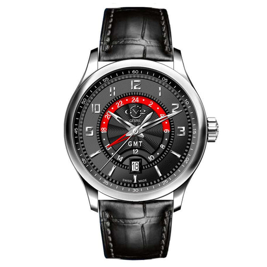 Giromondo GV2 By Gevril Mens Giromondo Stainless Steel Case Black Dial Swiss Quartz Black Calfskin Leather GMT Date Watch | Black Dial
