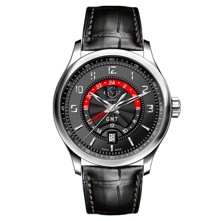 Giromondo GV2 By Gevril Mens Giromondo Stainless Steel Case Black Dial Swiss Quartz Black Calfskin Leather GMT Date Watch | Black Dial
