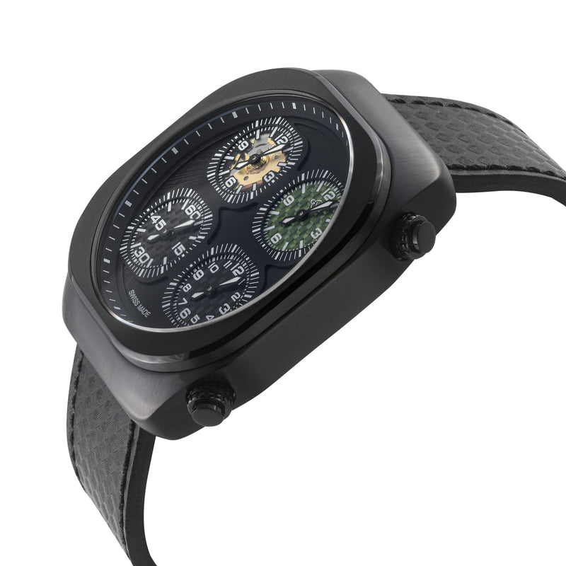 Quattro Zone GV2 Swiss Quartz, 316L Black Case, Black Bezel, Black dial, Sub Dials, Black Italian Leather Strap | Black Dial