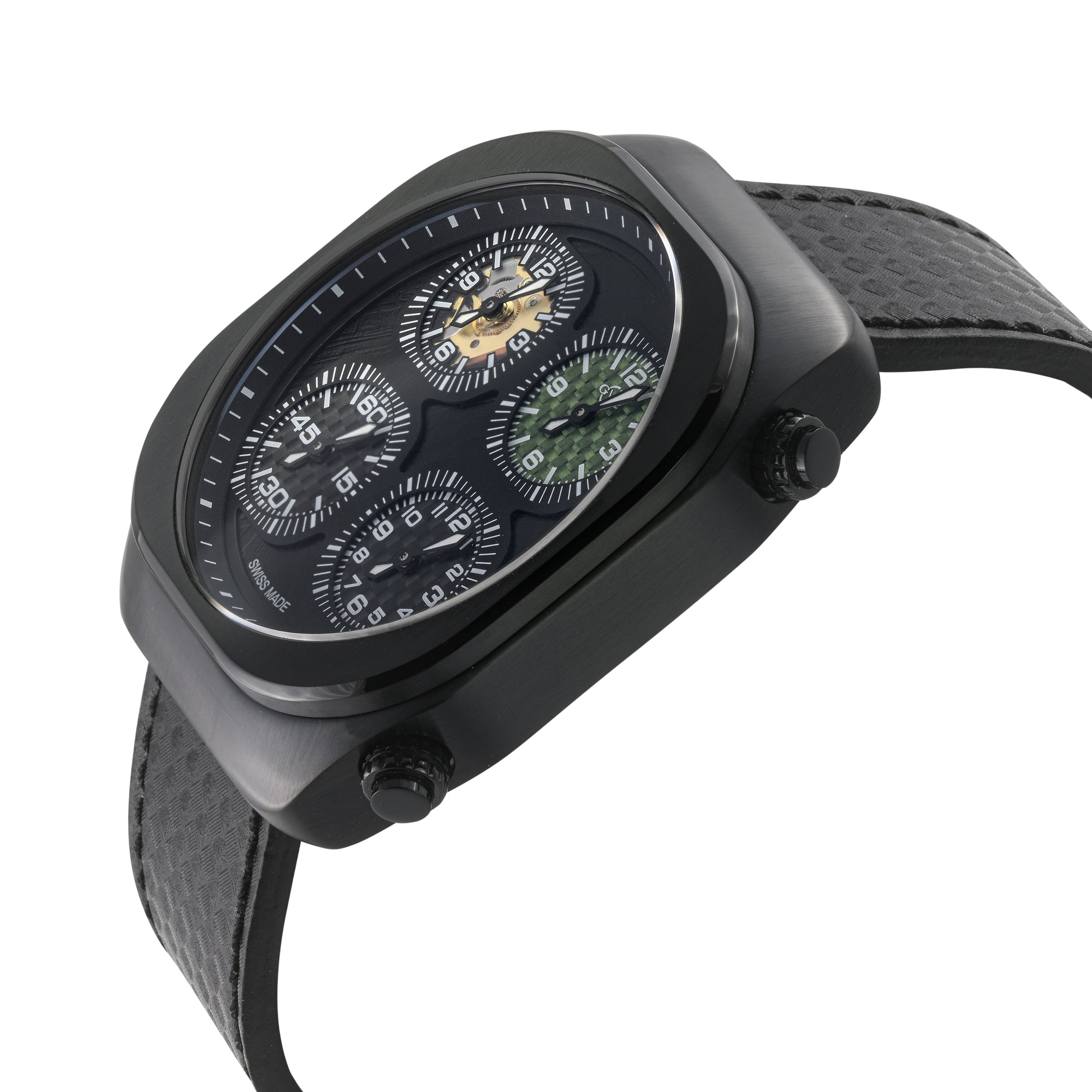 Quattro Zone GV2 Swiss Quartz, 316L Black Case, Black Bezel, Black dial, Sub Dials, Black Italian Leather Strap | Black Dial