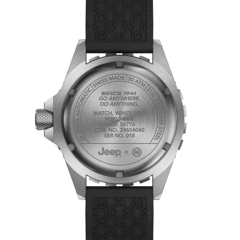 41mm JEEP RUBICON GSAR, SS, COL: SS/BKSS 3PC RUBBER JEEP GSAR ON BLACK 3PC RUBBER STRAP | Black Dial