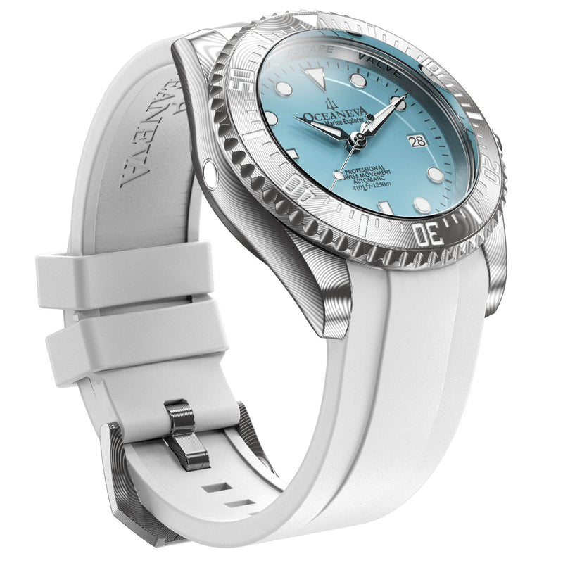 Damascus Swiss Automatic SW200 Deep Marine Explorer II Damascus/Light Blue Dial/White Strap | Light-blue Dial