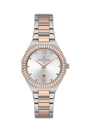 33mm Womens Watch, Gemstone Bezel - DK13601 Silver and Rose Gold Yellow Dial